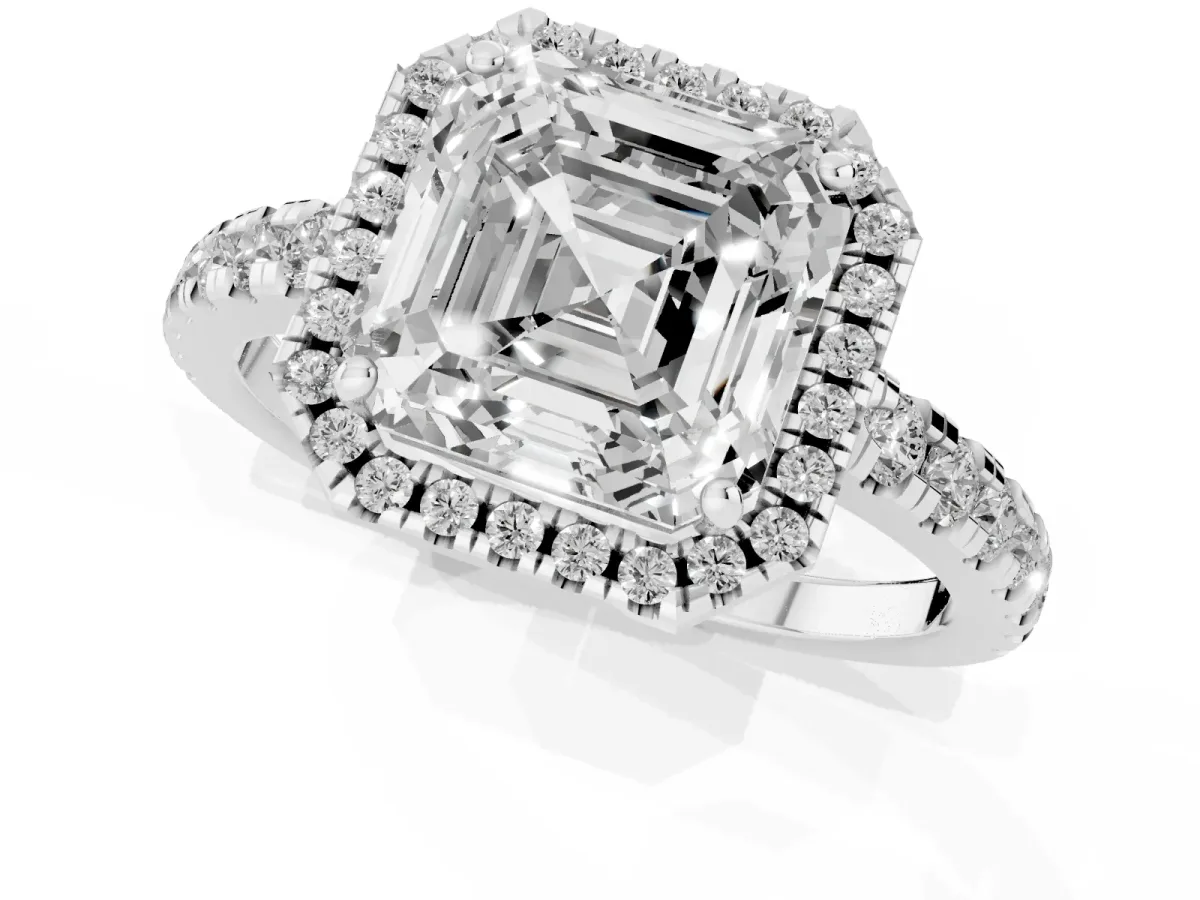 Asscher Cut Diamond Halo Ring with Pavé Band and Four-Prong Setting Silver