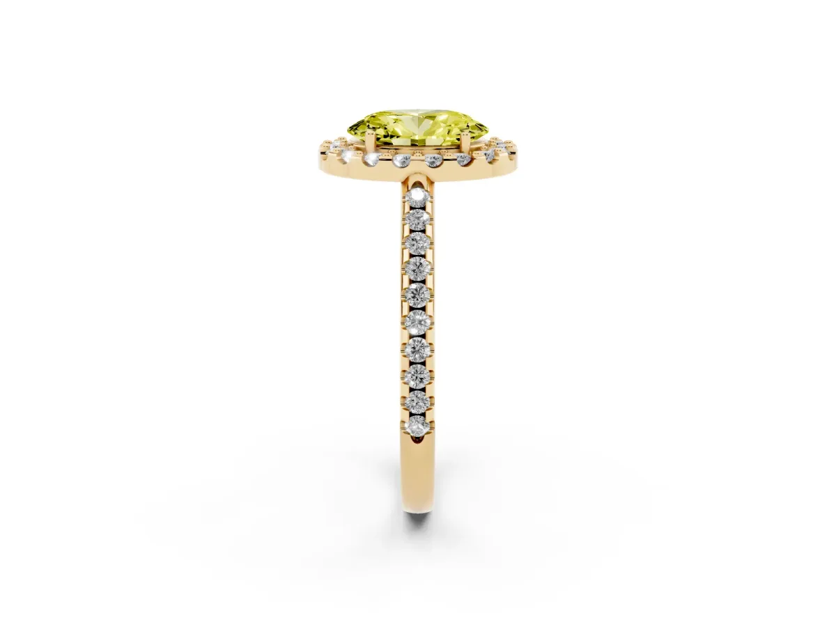 Fancy Yellow Oval Cut Diamond Pavé Halo Ring with Four-Prong Setting Yellow gold