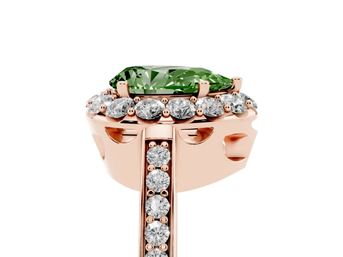 Fancy Green Pear Cut Diamond Floral Halo Ring with Pavé Band and Prong Setting Rose gold