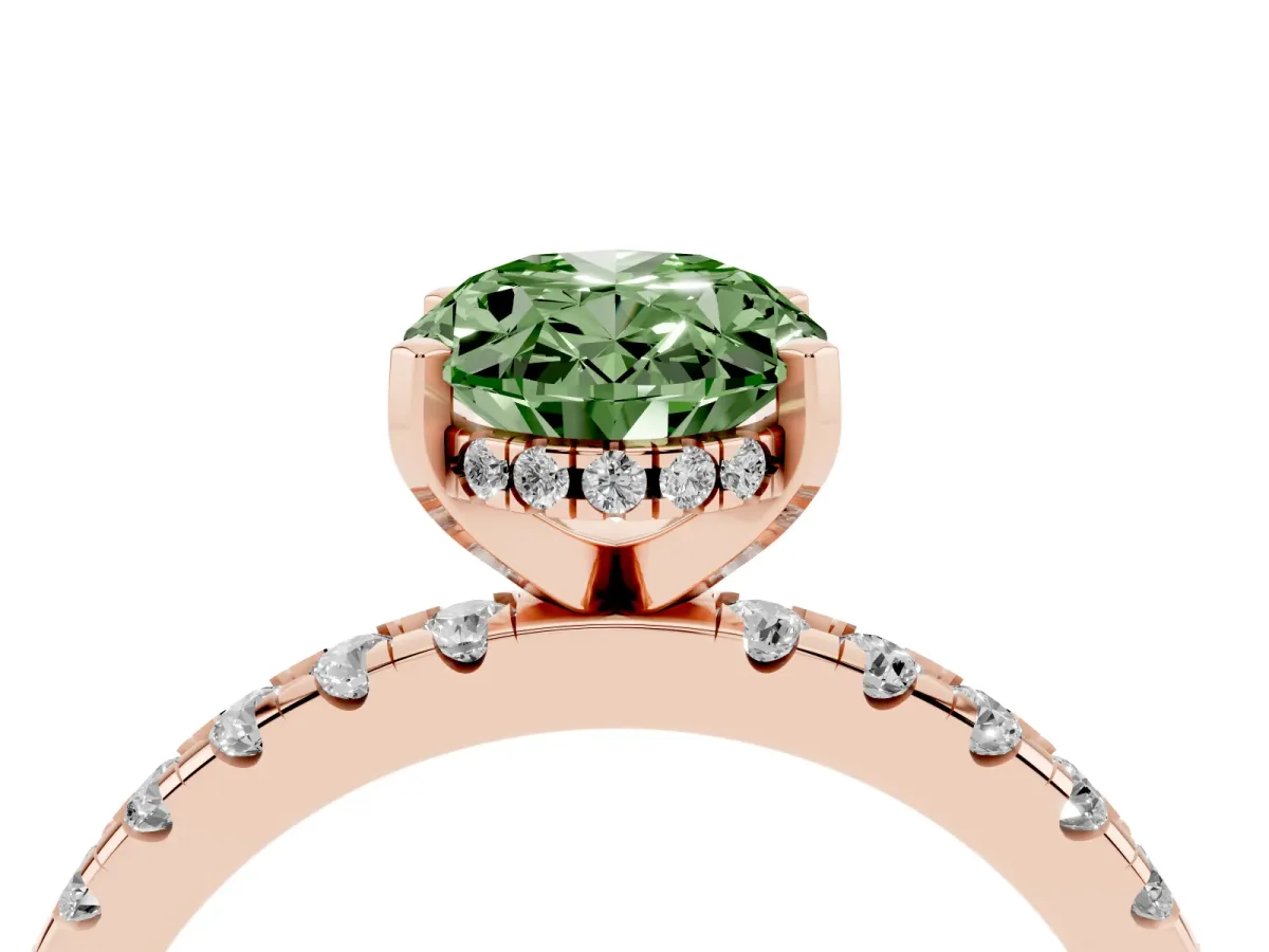 Fancy Green Oval Cut Diamond Solitaire Ring with Round Pavé Band and Four-Prong Setting Rose gold