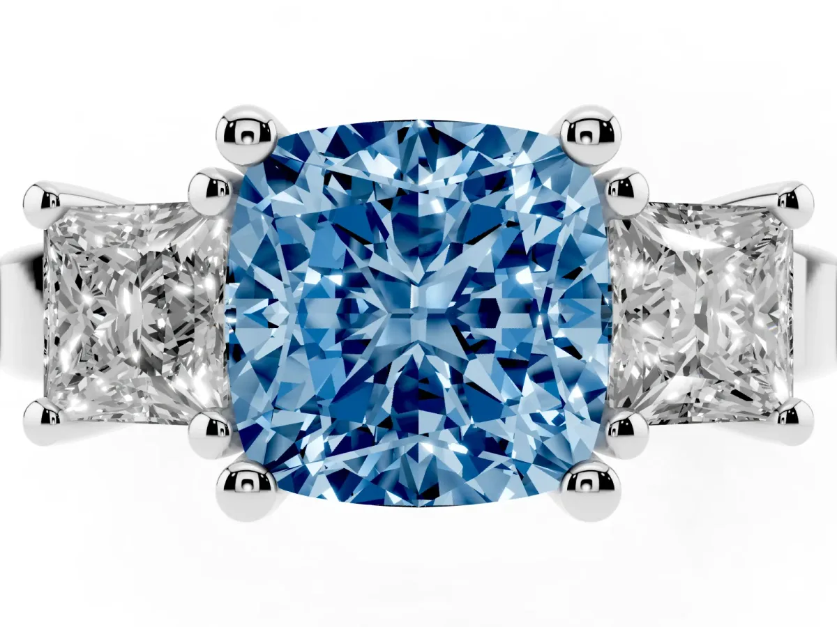 Fancy Blue Three-Stone Cushion Cut Cut Solitaire Ring with Prong Setting Platinum