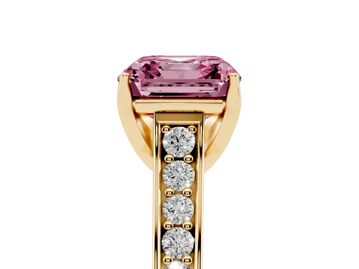 Fancy Pink Asscher Cut Brilliant Cut Diamond Engagement Ring with Pavé Band and Four-Prong Setting Yellow gold