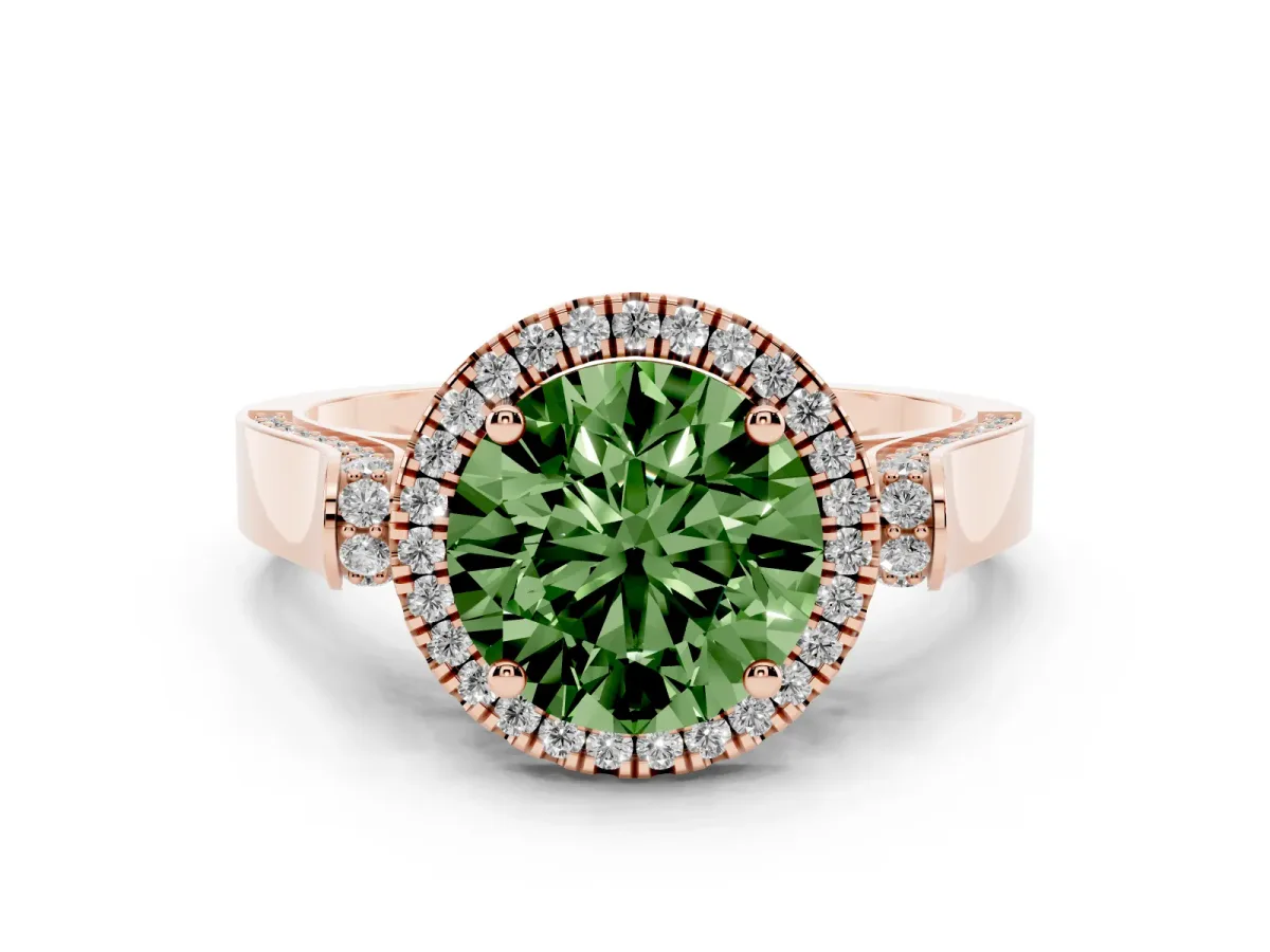 Fancy Green Round Cut Halo Pave Split Shank Prong Setting Ring Rose gold