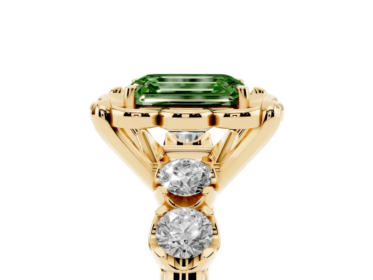 Fancy Green Emerald Cut Cut Diamond Floral Halo Engagement Ring with Shared Prong Setting Yellow gold