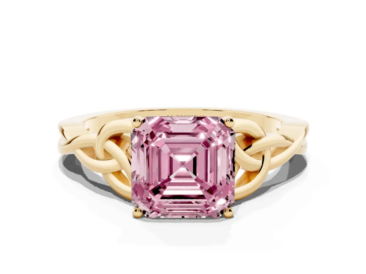 Fancy Pink Asscher Cut Diamond Solitaire Engagement Ring with Celtic Knot Band and Four-Prong Setting Yellow gold