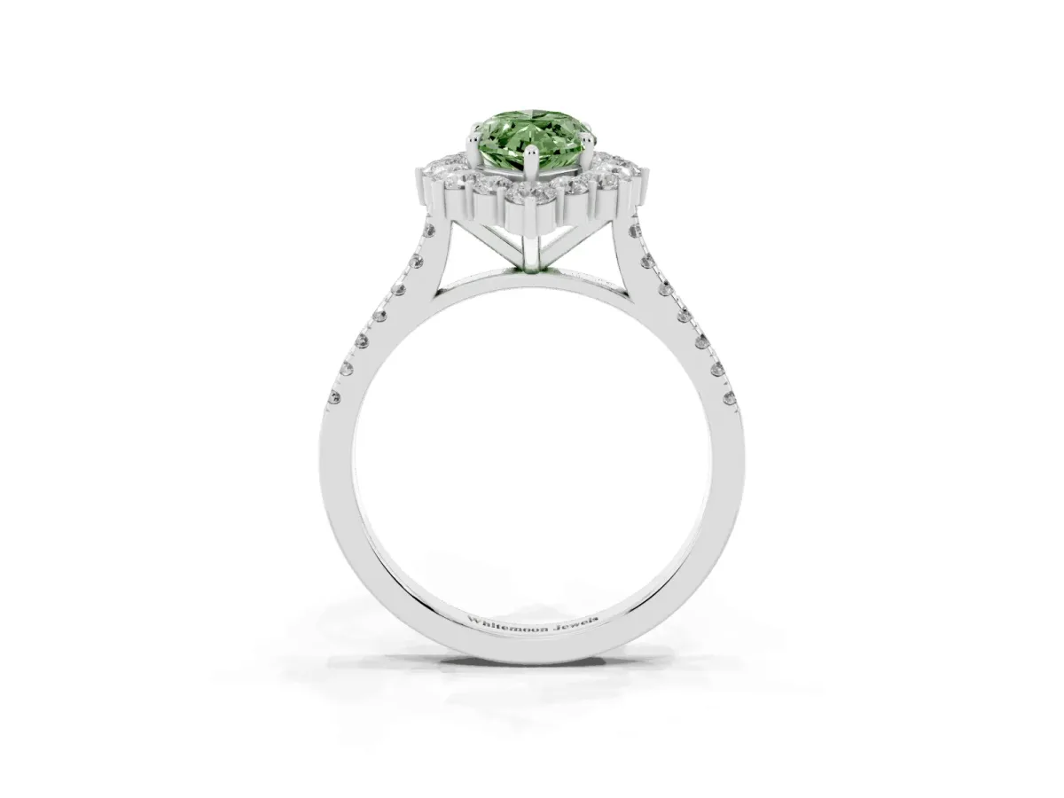 Fancy Green Marquise Cut Halo Diamond Ring with Pavé Band and Prong Setting Silver