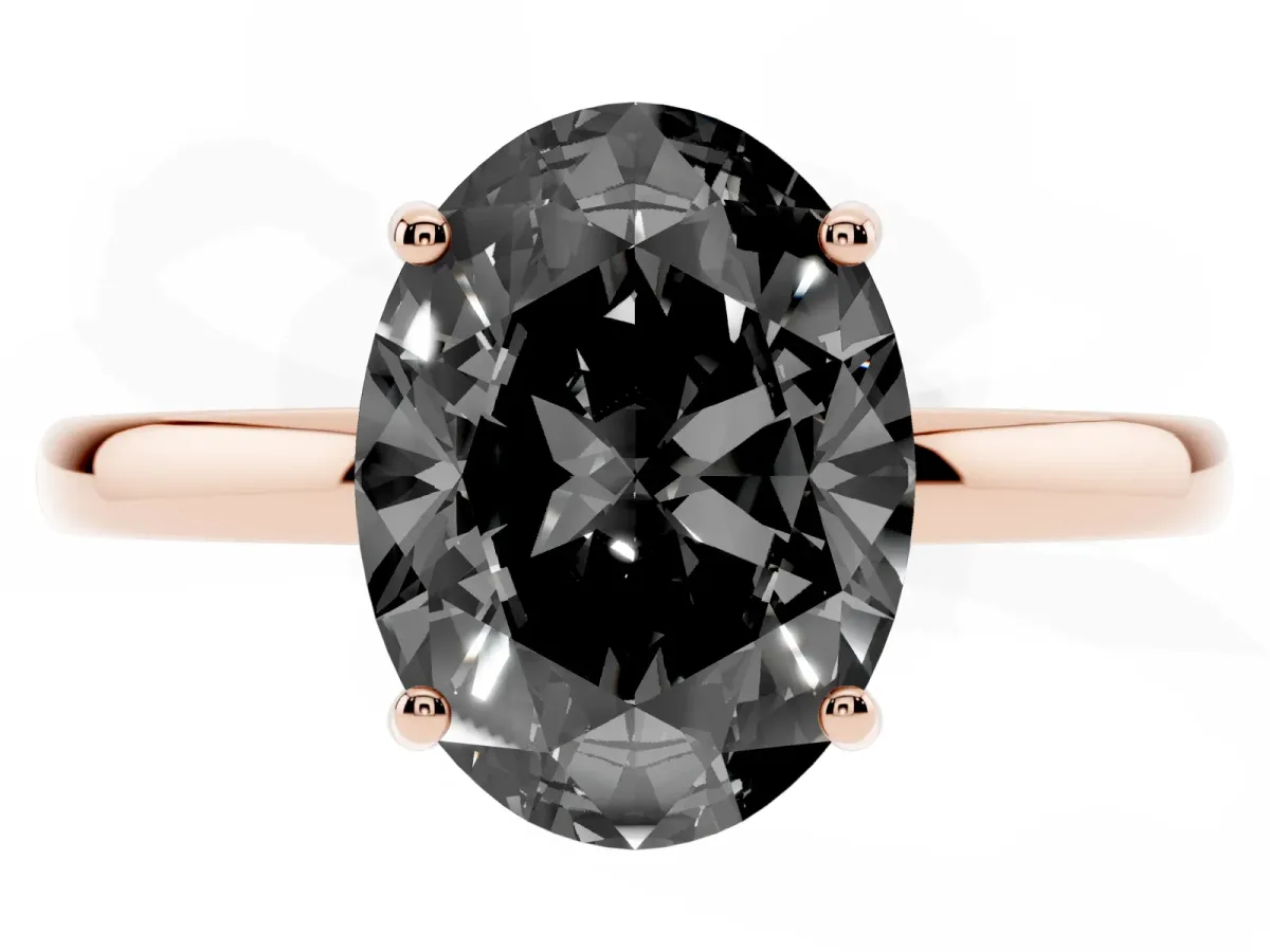 Fancy Black Oval Cut Solitaire Diamond Ring with Prong Setting and Plain Band Rose gold