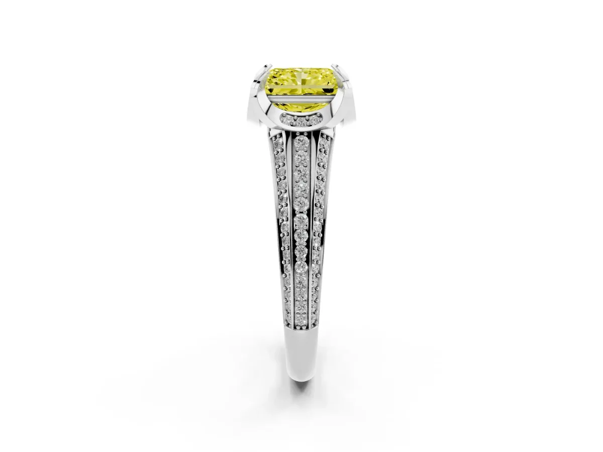 Fancy Yellow Radiant Cut Solitaire Pave Split Shank Ring with Four-Prong Setting Silver