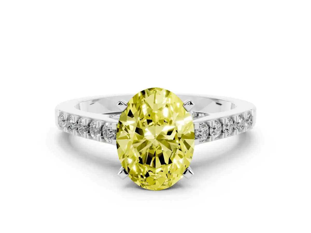 Fancy Yellow Oval Cut Diamond Solitaire Ring with Crossover Gallery and Round Pavé Band Silver
