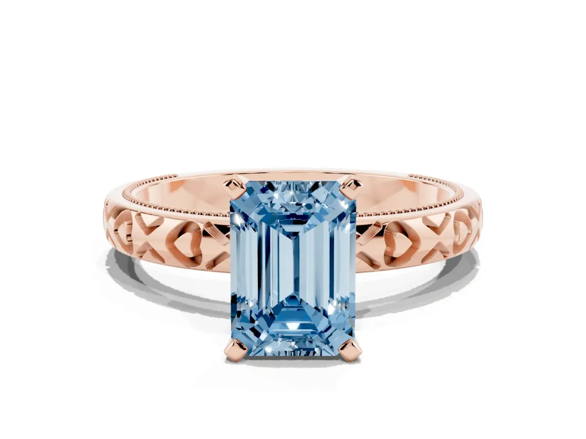 Fancy Blue Emerald Cut Solitaire Diamond Engagement Ring with XO Engraved Band and Four-Prong Setting Rose gold