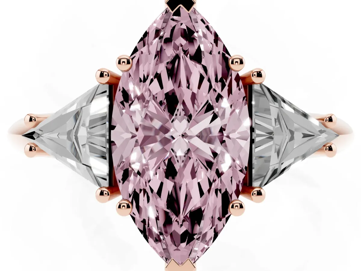 Fancy Pink Three-Stone Marquise Cut Diamond Engagement Ring with Trillion Side Stones and Prong Setting Rose gold