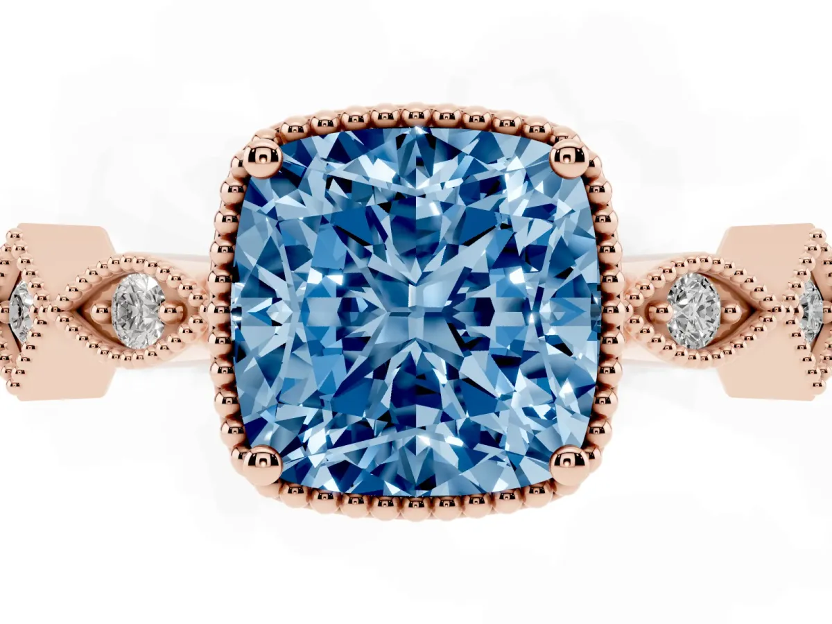 Fancy Blue Cushion Cut Milgrain Marquise Diamond Twist Band Ring Rose gold