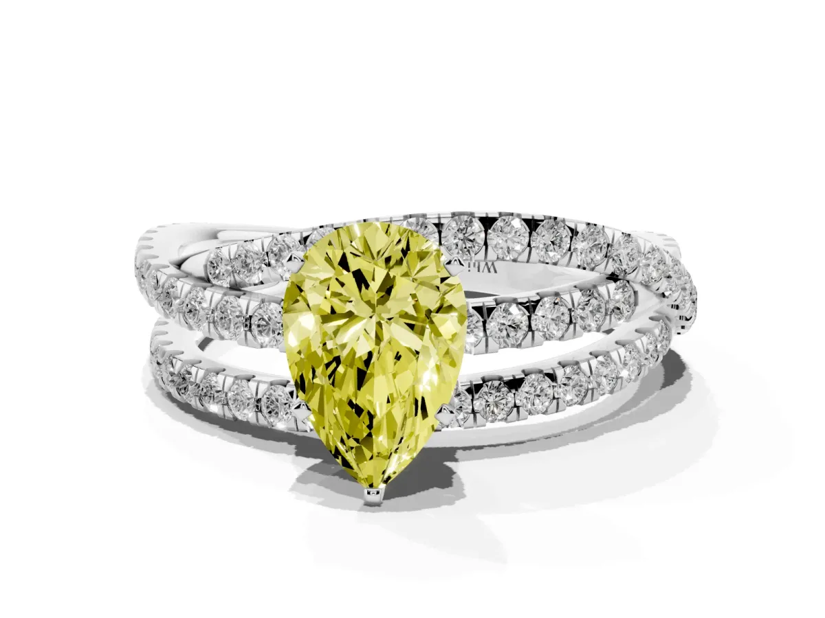Fancy Yellow Pear Cut Solitaire Twist Band with Pavé Setting and Four-Prong Setting Silver