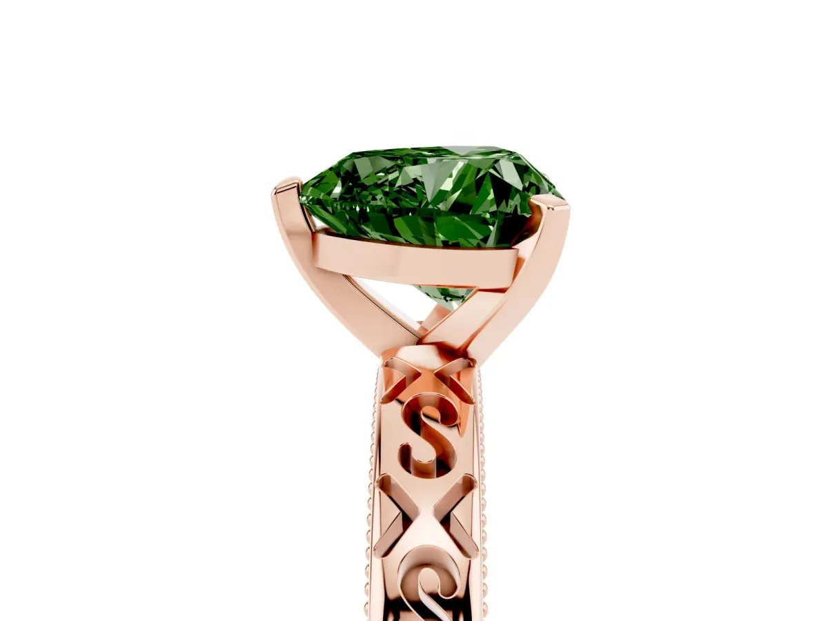 Fancy Green Heart Cut Solitaire Engagement Ring with Scrollwork Band and Four-Prong Setting Rose gold