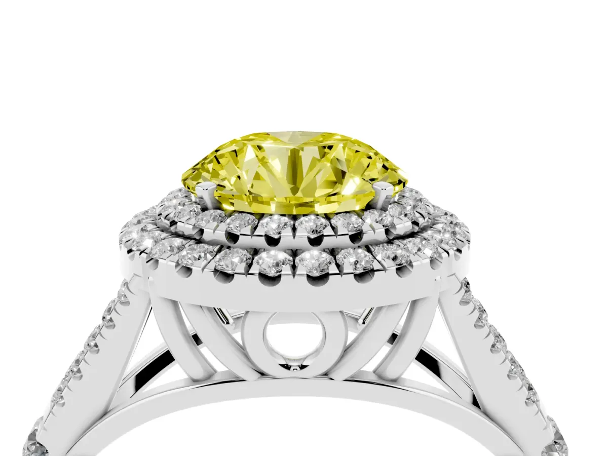 Fancy Yellow Double Halo Round Cut Diamond Split Shank Engagement Ring with Four-Prong Setting Silver