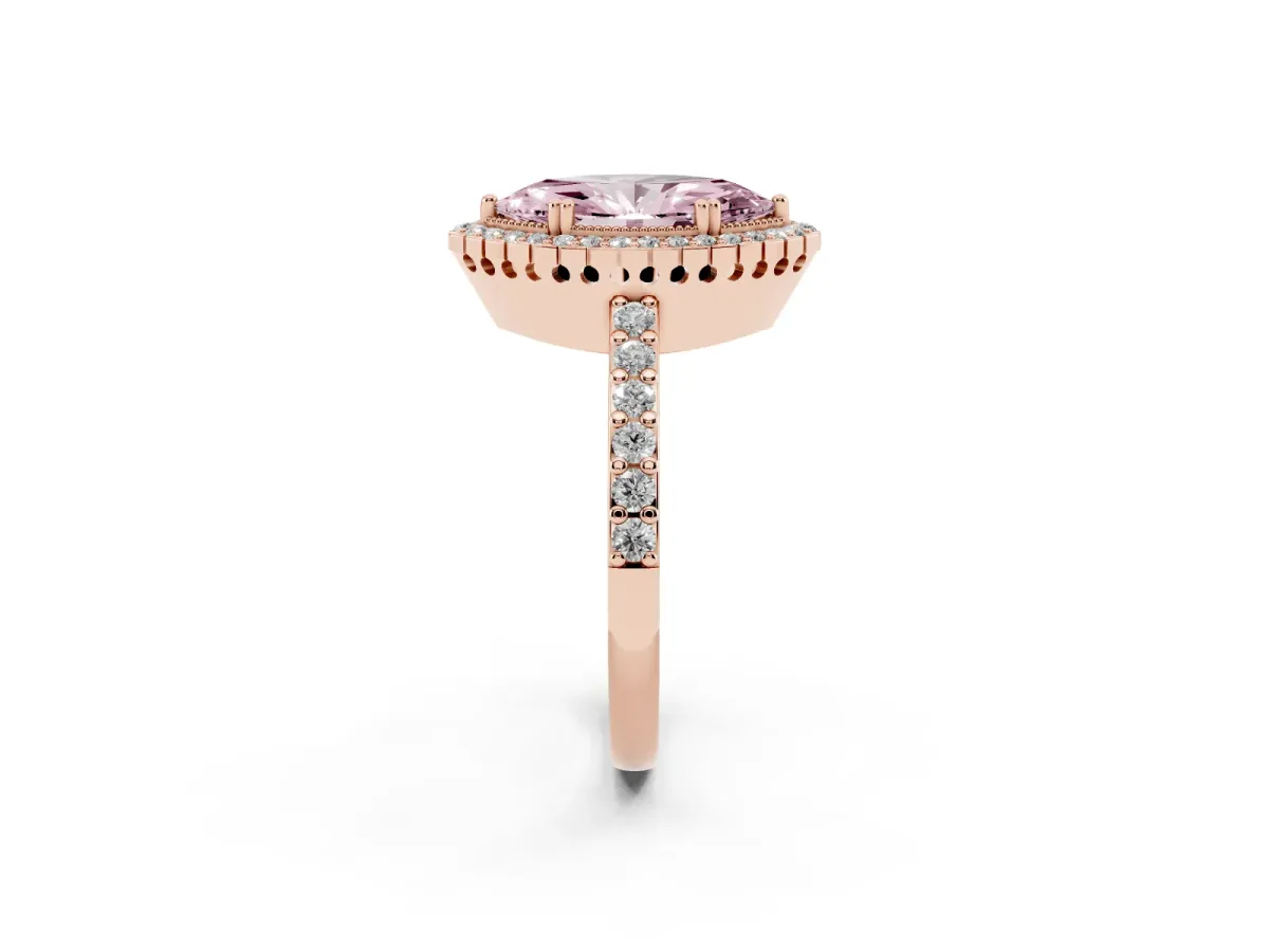 Fancy Pink Marquise Cut Cut Diamond Halo Engagement Ring with Milgrain Detail and Pavé Band Rose gold