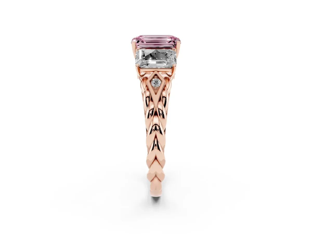 Fancy Pink Three-Stone Radiant Cut Diamond Braided Band Ring with Four-Prong Setting Rose gold