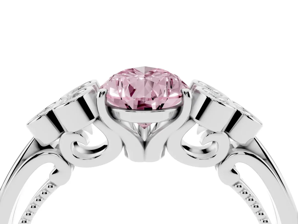 Fancy Pink Pear Cut Cut Diamond Engagement Ring with Bezel Set Round Side Stones and Prong Setting Silver