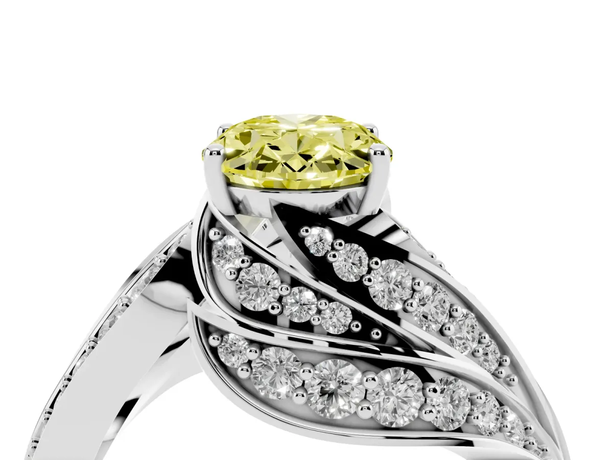 Fancy Yellow Oval Cut Diamond Solitaire Ring with Prong Setting and Twisted Pavé Band Silver