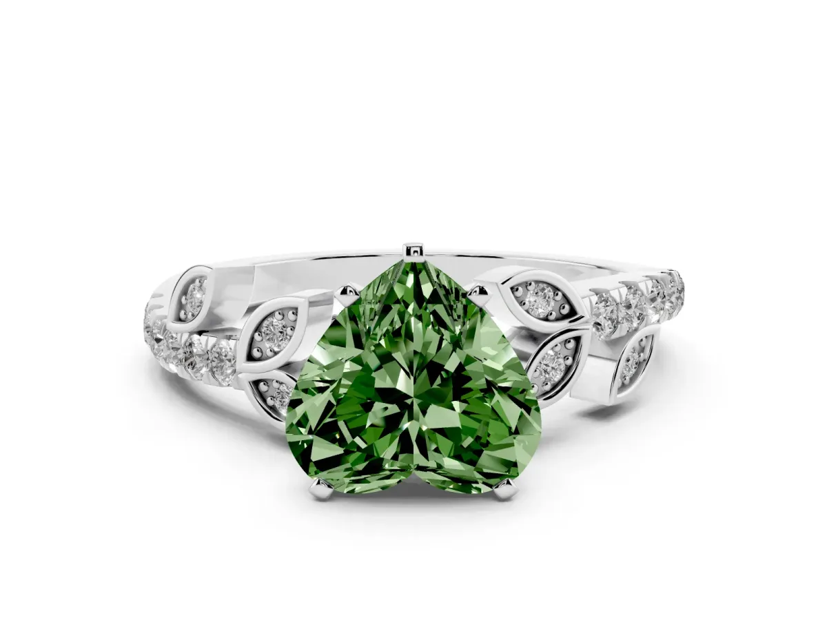 Fancy Green Heart Cut Solitaire Leaf-Inspired Diamond Ring with Pavé Band and Four-Prong Setting Silver