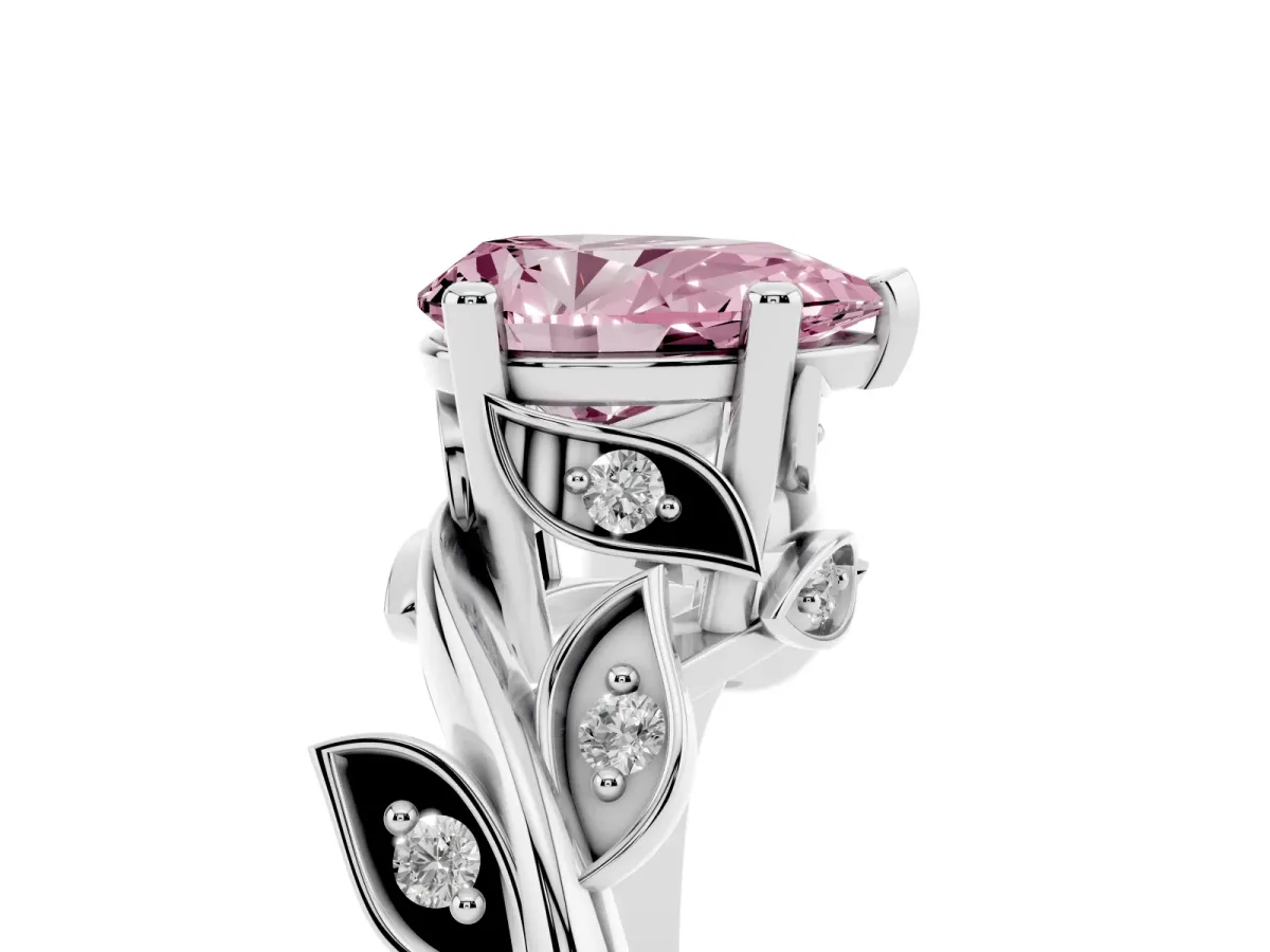 Fancy Pink Pear Cut Solitaire Twist Engagement Ring with Leaf Accents and Prong Setting Silver
