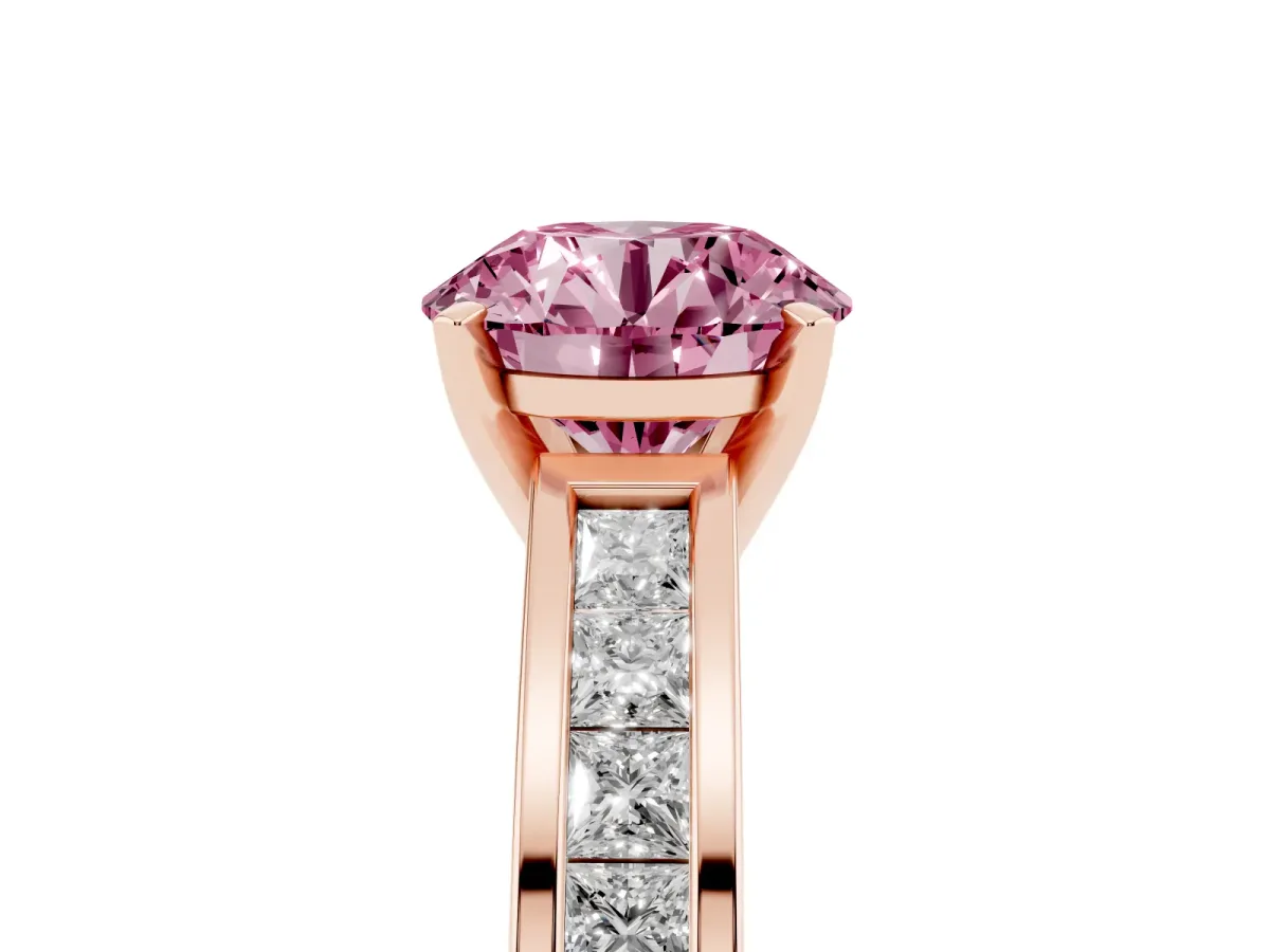 Fancy Pink Round Cut Solitaire Diamond Ring with Channel-Set Band and Four-Prong Setting Rose gold