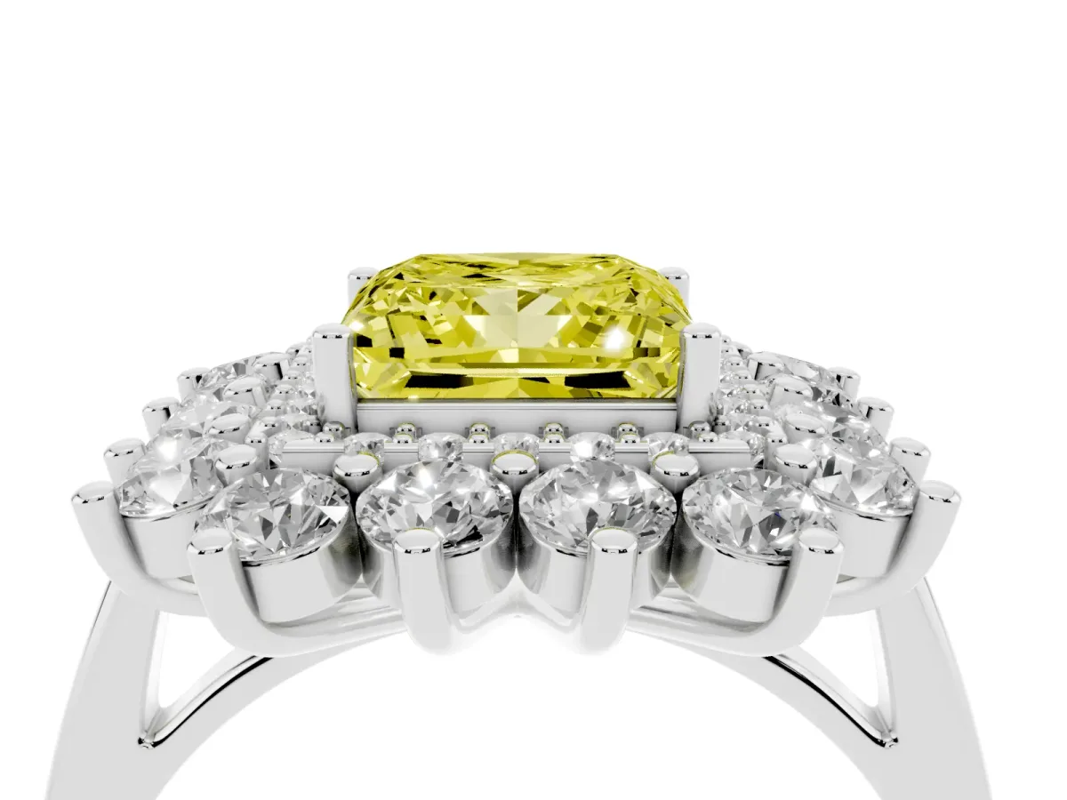 Fancy Yellow Princess Cut Diamond Floral Double Halo Engagement Ring with Prong Setting White gold