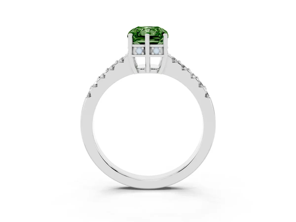 Fancy Green Radiant Cut Solitaire Diamond Engagement Ring with Pavé Band and Six-Prong Setting Platinum