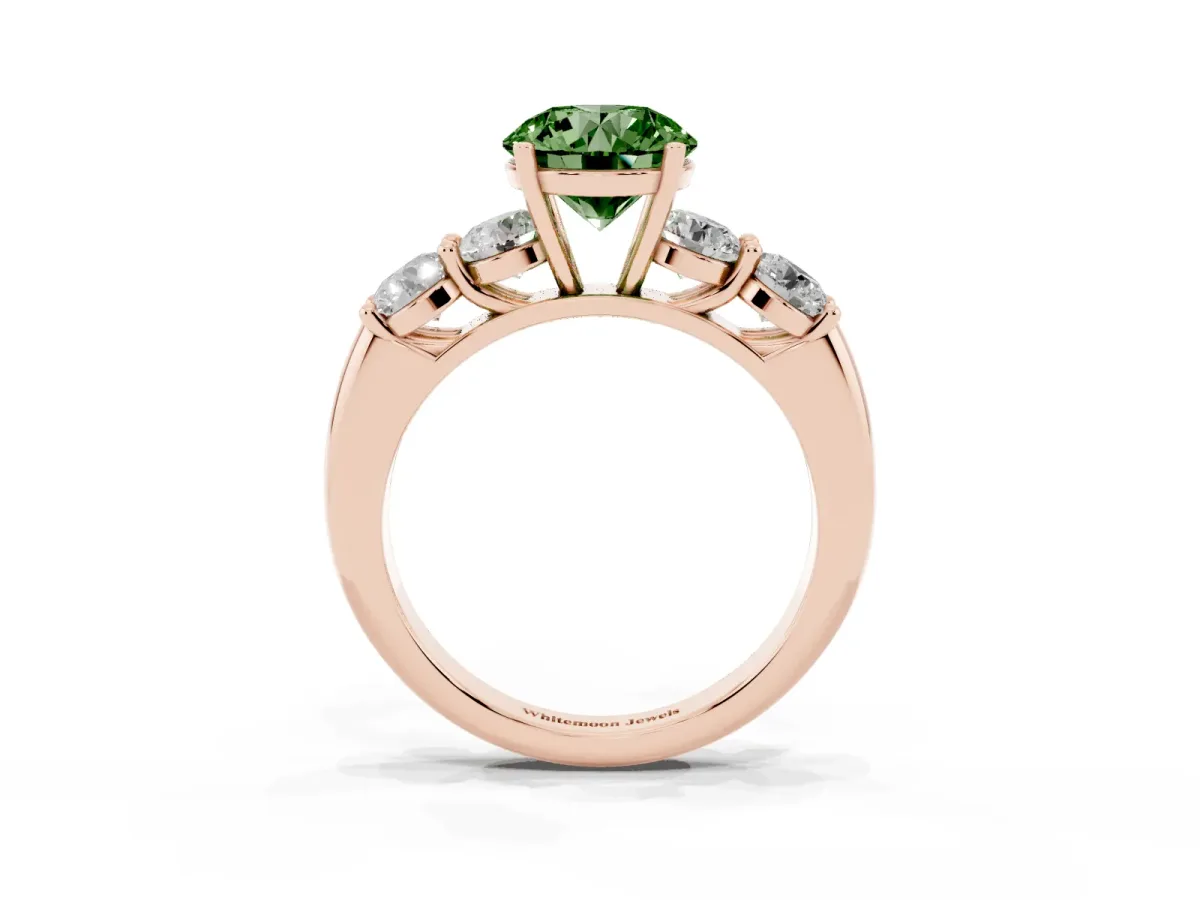 Fancy Green Round Cut Cut Five-Stone Prong Set Diamond Ring with Classic Band Rose gold