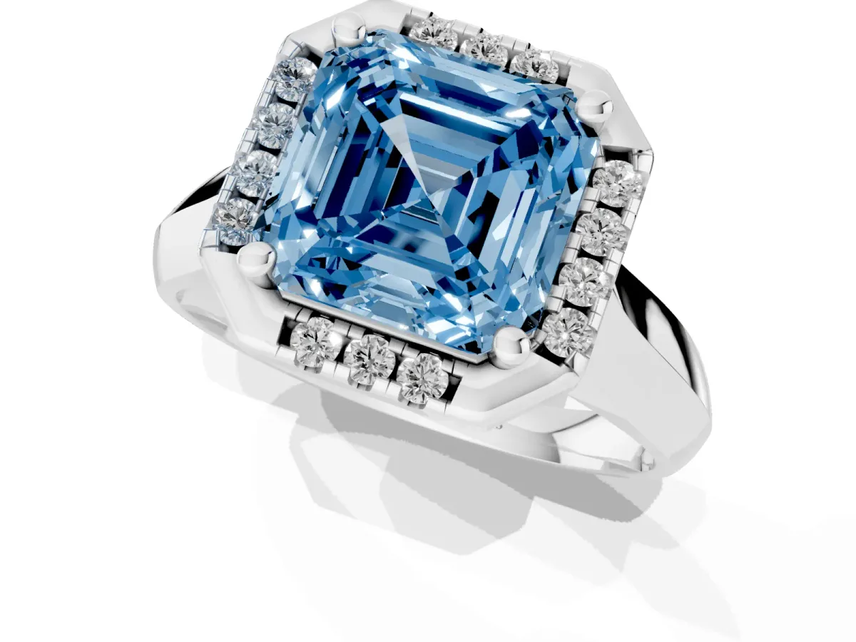 Fancy Blue Asscher Cut Cut Halo Solitaire Engagement Ring with Square Band and Four-Prong Setting White gold