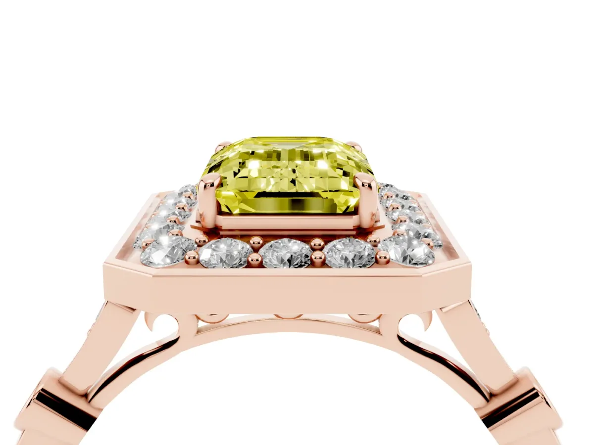 Fancy Yellow Emerald Cut Halo Diamond Engagement Ring with Twisted Band and Four-Prong Setting Rose gold