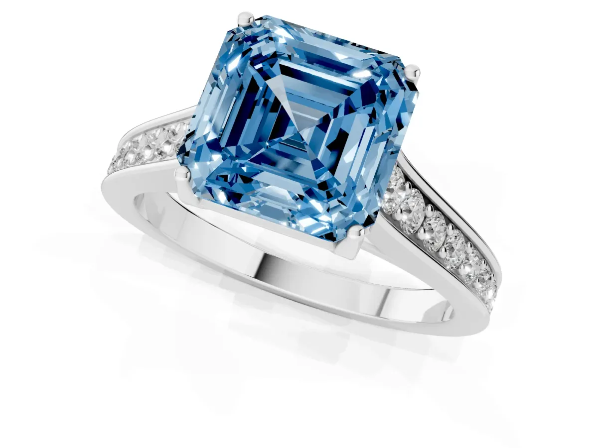 Fancy Blue Asscher Cut Brilliant Cut Diamond Engagement Ring with Pavé Band and Four-Prong Setting White gold