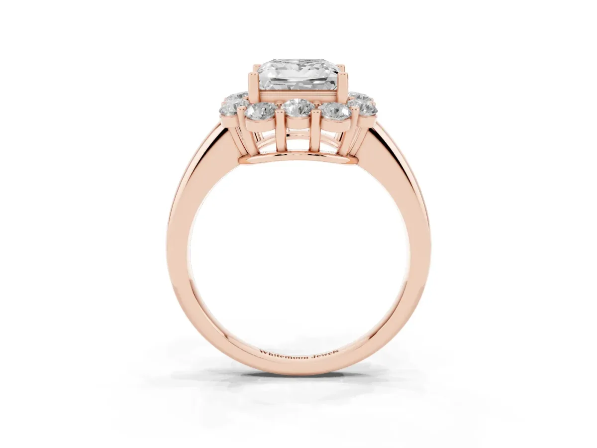 Princess Cut Halo Milgrain Solitaire with Bezel Set Side Stones and Pave Band Rose gold