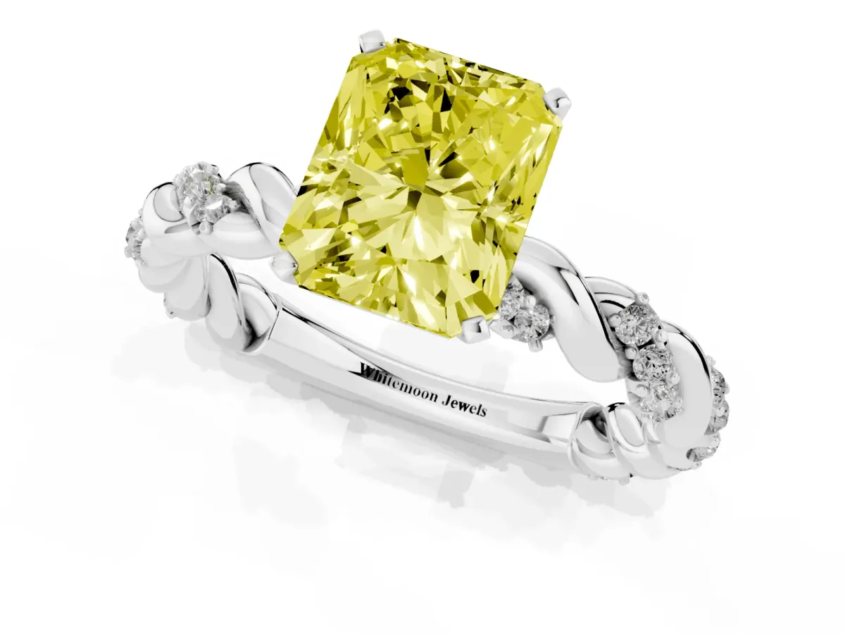 Fancy Yellow Radiant Cut Diamond Solitaire Ring with Twisted Band and Pavé Accents Platinum