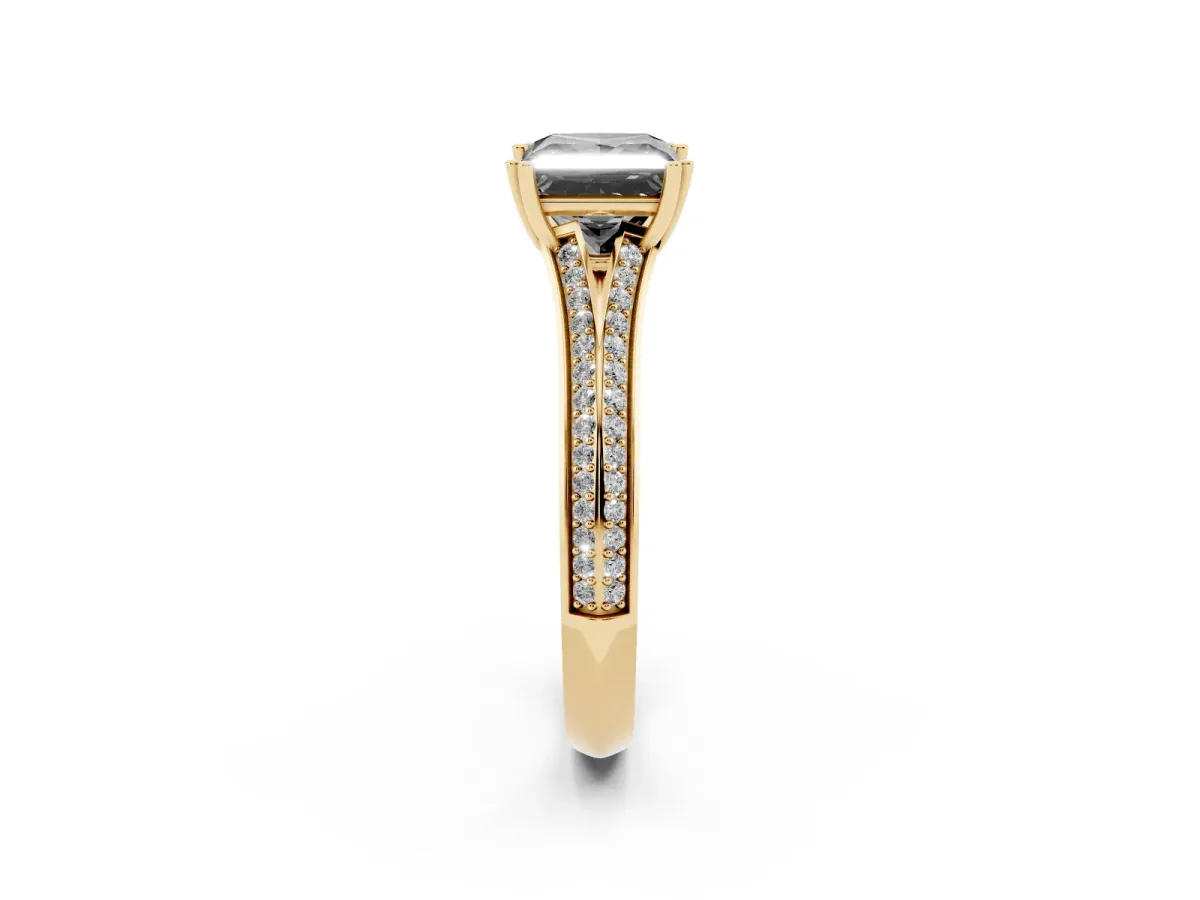 Fancy Black Princess Cut Diamond Split Shank Engagement Ring with Pavé Band Yellow gold