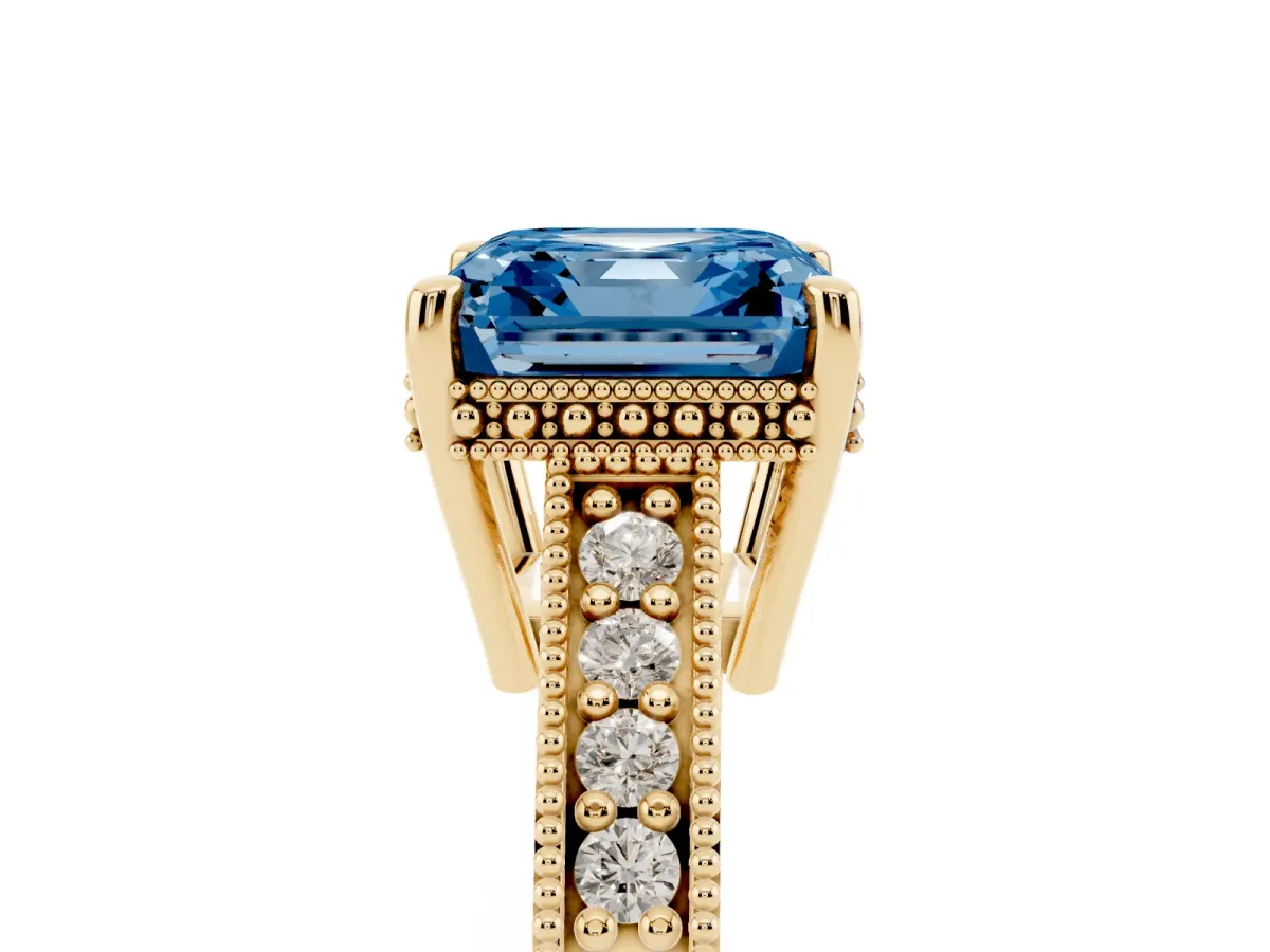 Fancy Blue Asscher Cut Solitaire Pavé Diamond Milgrain Engagement Ring with Four-Prong Setting Yellow gold