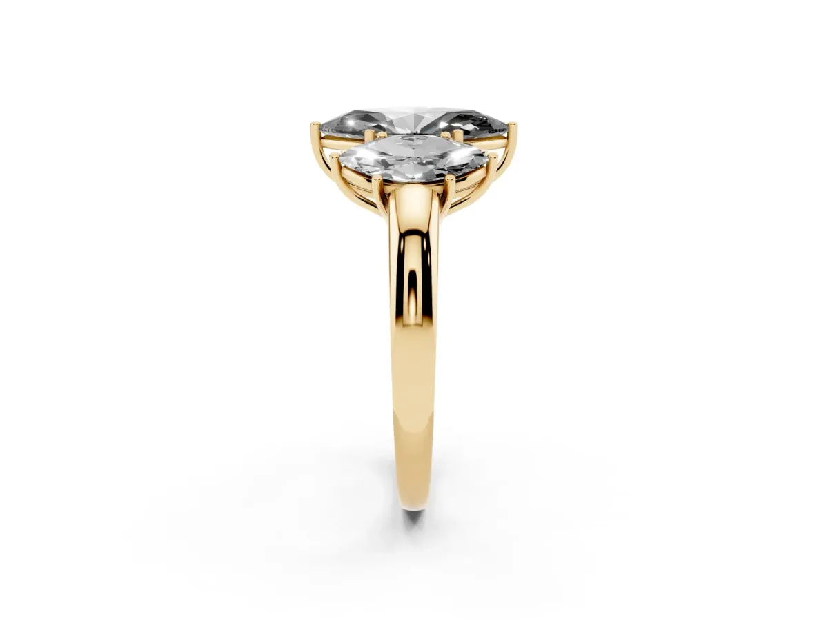 Fancy Black Marquise Cut Diamond Three-Stone Ring with Four-Prong Setting and Classic Band Yellow gold