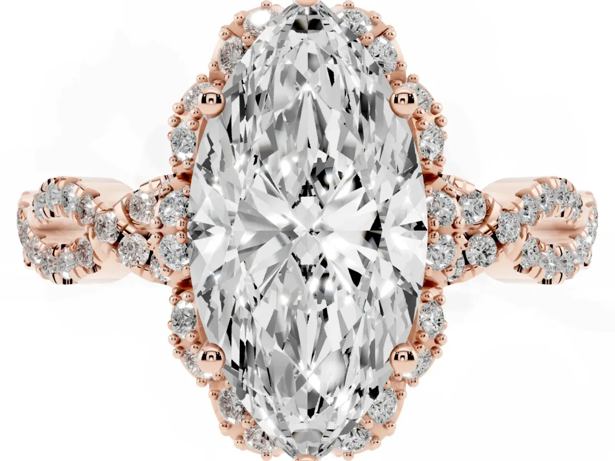 Marquise Cut Halo Twist Band Solitaire Ring with Six-Prong Setting Rose gold