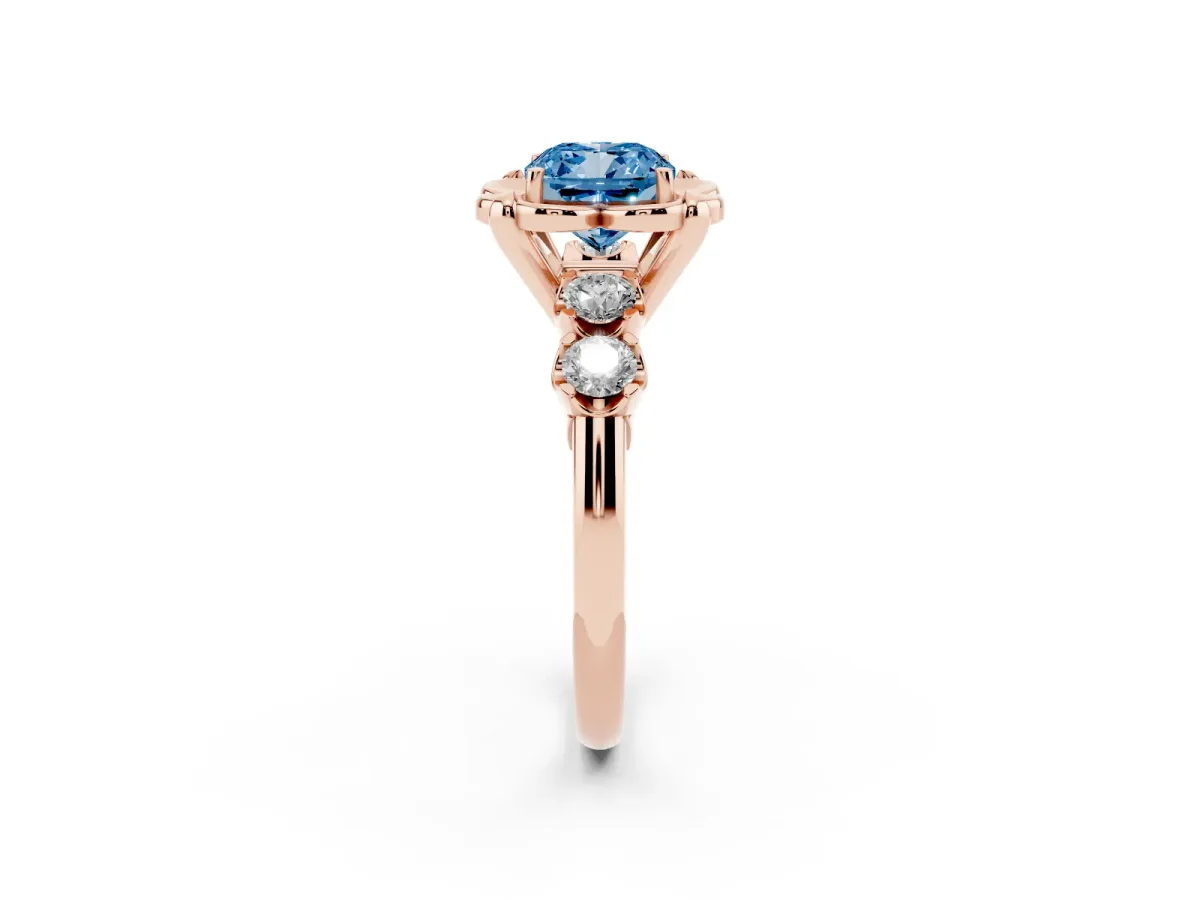 Fancy Blue Cushion Cut Cut Diamond Floral Halo Engagement Ring with Shared Prong Setting Rose gold