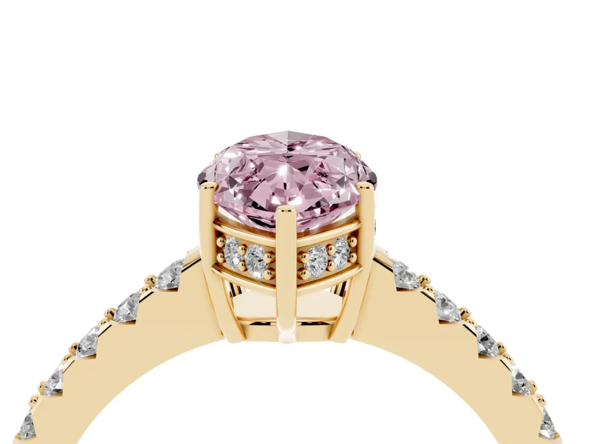 Fancy Pink Marquise Cut Solitaire Diamond Engagement Ring with Pavé Band and Six-Prong Setting Yellow gold