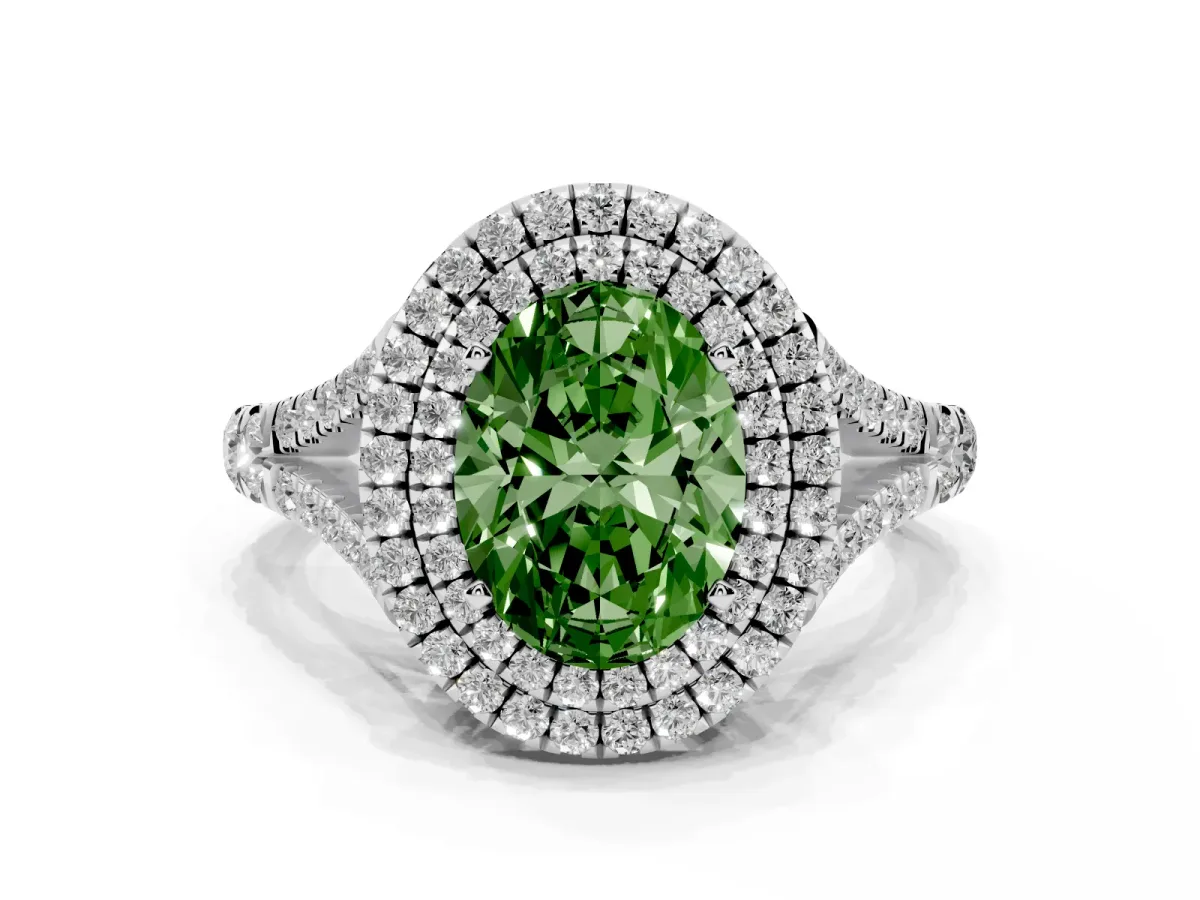 Fancy Green Oval Cut Diamond Pavé Split Shank Double Halo Engagement Ring Silver