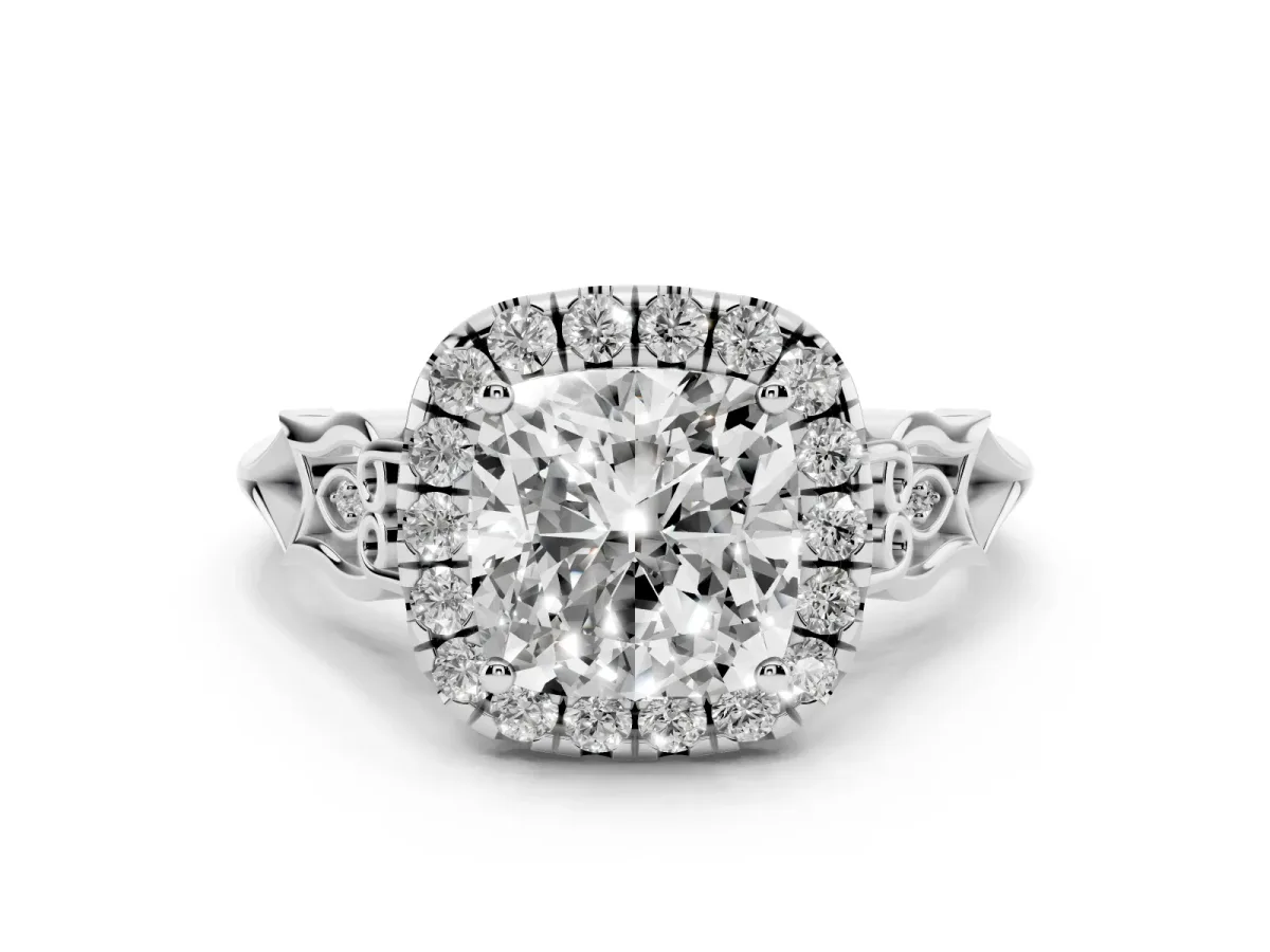 Cushion Cut Halo Diamond Engagement Ring with Filigree Band and Four-Prong Setting White gold