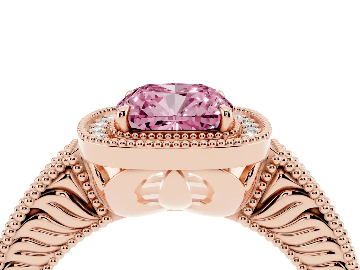 Fancy Pink Cushion Cut Cut Halo Diamond Ring with Pavé Band and Four-Prong Setting Rose gold