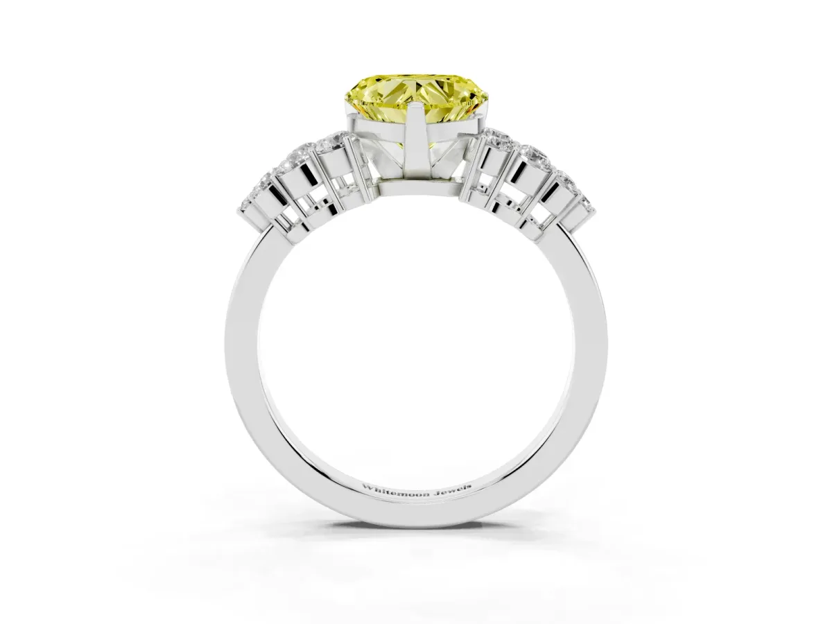 Fancy Yellow Heart Cut Cluster Diamond Engagement Ring with Pavé Band and Four-Prong Setting White gold