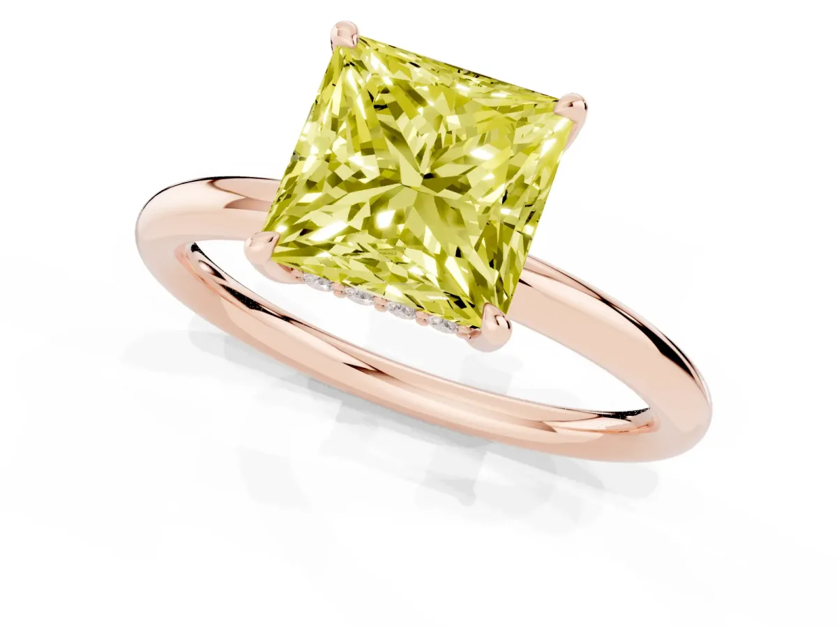 Fancy Yellow Princess Cut Diamond Solitaire Ring with Thin Band and Four-Prong Setting Rose gold