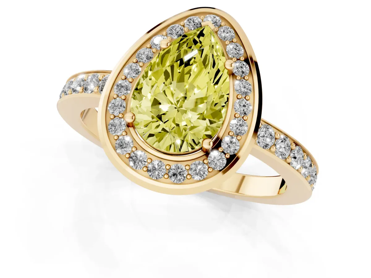 Fancy Yellow Pear Cut Diamond Halo Ring with Bezel Frame and Pavé Band Yellow gold