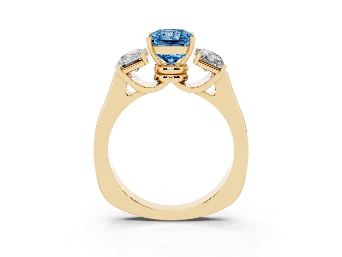 Fancy Blue Three-Stone Radiant Cut Brilliant Diamond Trellis Ring with Comfort Fit Band Yellow gold