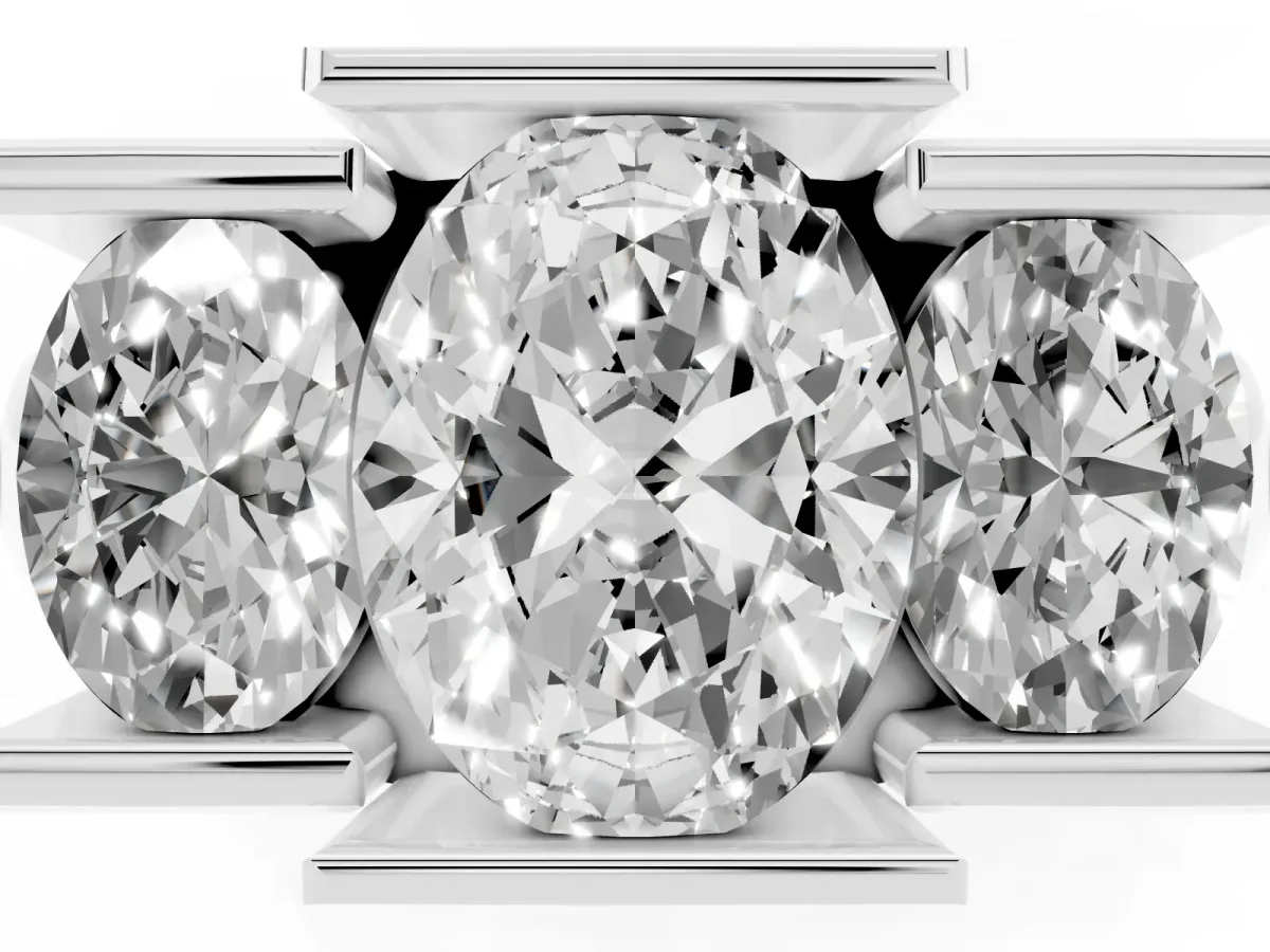 Three Stone Oval Cut Cut Channel Set Diamond Ring Silver