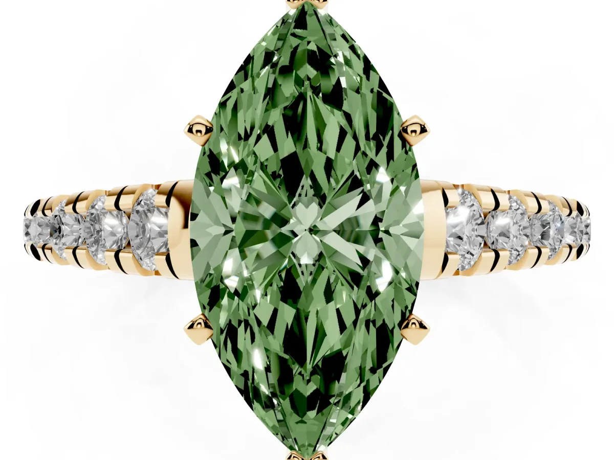 Fancy Green Marquise Cut Diamond Cathedral Solitaire Ring with Round Pavé Band Yellow gold