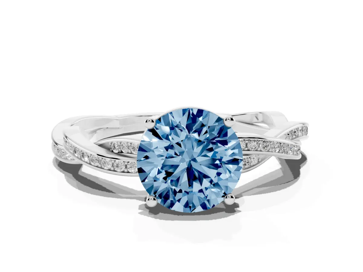 Fancy Blue Round Cut Solitaire Twisted Pave Diamond Ring with Four-Prong Setting Silver